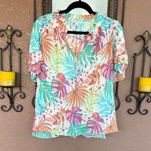 Counterparts Multicolor Tropical Leaf Ruffle Neck Blouse